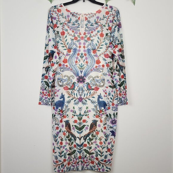 ELOQUII Size 16 Floral Birds Multicolor Mesh Long Sleeve Boho Stretch Dress - Picture 6 of 9